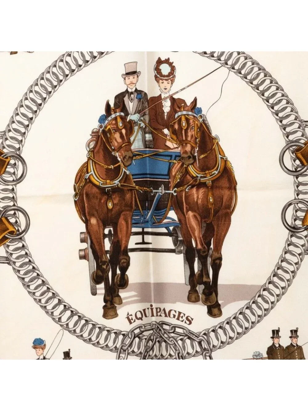 Hermes Carre 90 Equipages Carriage Scarf Large Beige Multicolor Silk